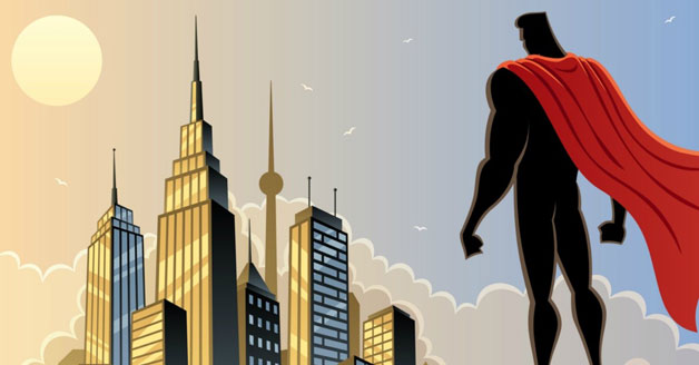 Superhero overlooking city