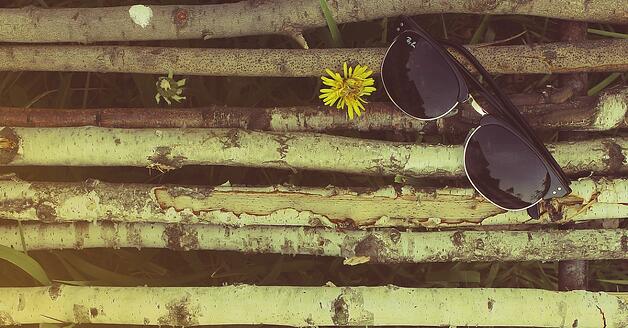 Designer sunglasses on wood bridge