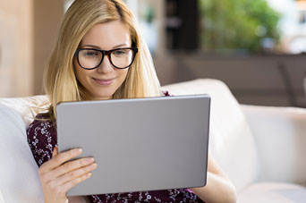Woman wearing clear blue digital lenses